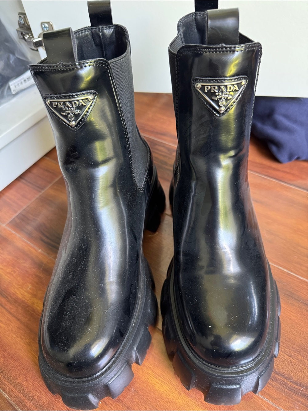 Prada copy  my monolith Black Patent Leather Platform Chelsea Boots